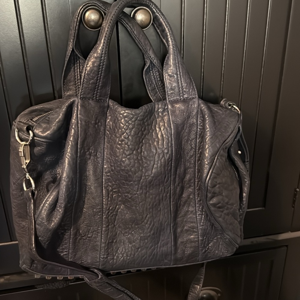 Alexander Wang Pebbled Leather Rocco Duffel Bag Navy Blue with silver hardware.